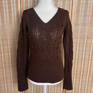Vintage Y2K Takeoit brown chunky cable knit v neck sweater with pom pom detail